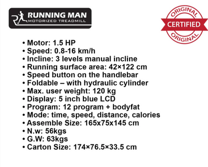 RUNNING MAN T2000D DC MOTORIZED TREADMILL